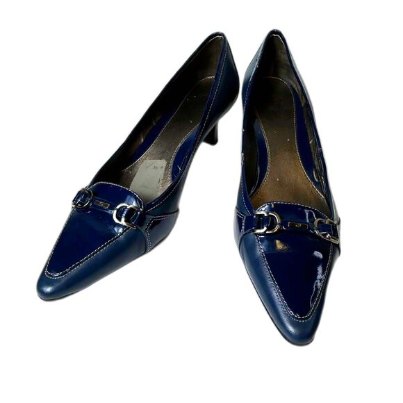 Joan & David Presley Navy Blue Leather Patent Leather Loafer Style Pumps Size 9M - Picture 2 of 15
